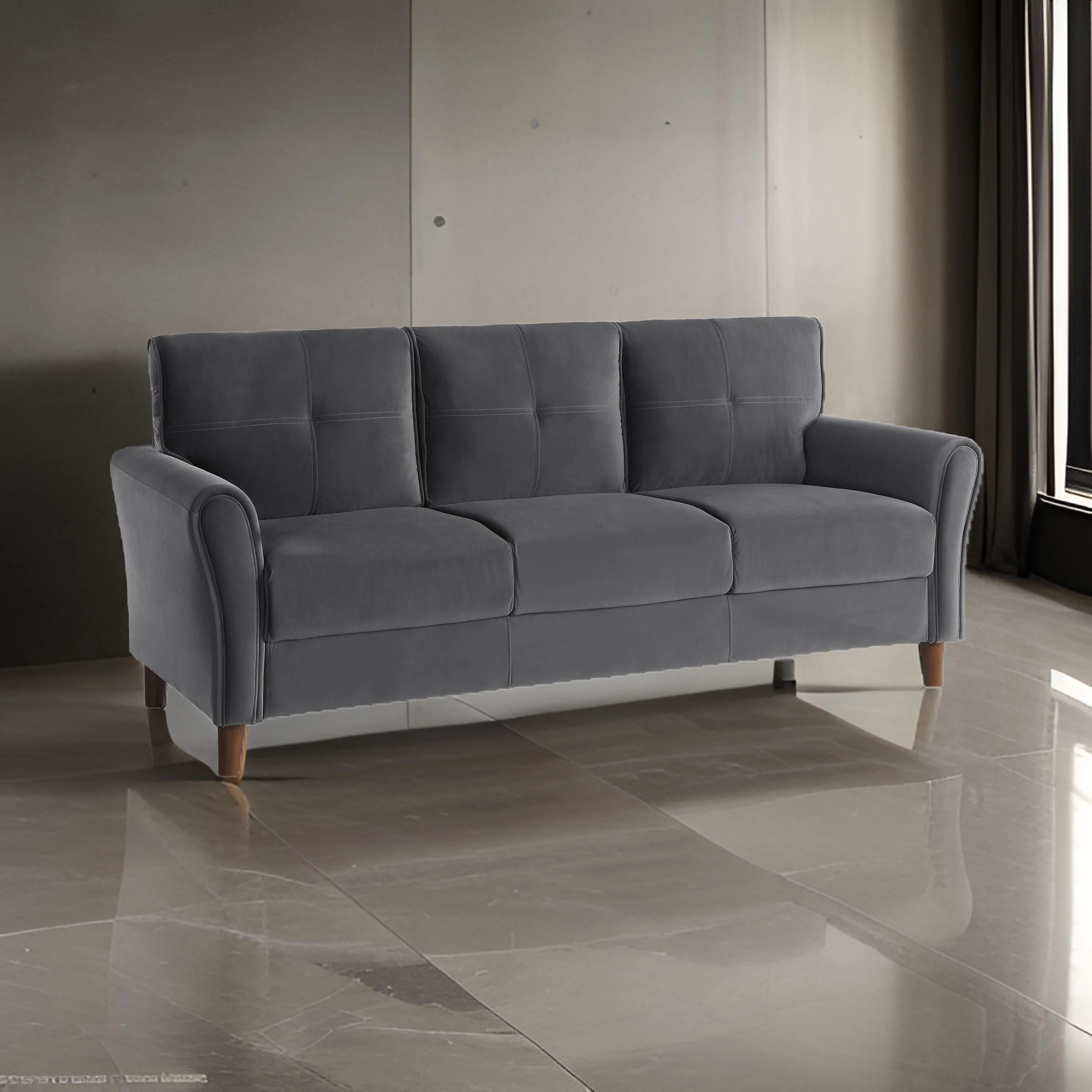 Sarah 80 Inch Sofa, Gray Velvet, Stitch Tufting, Reversible Cushions