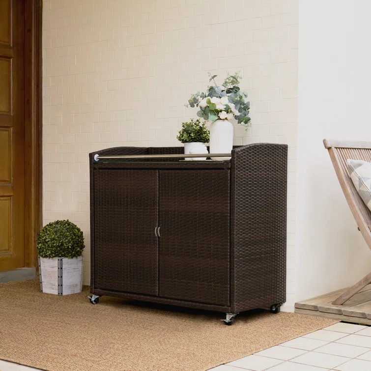 39.5" Outdoor Portable PE Rattan Serving Bar Cart with Wheels