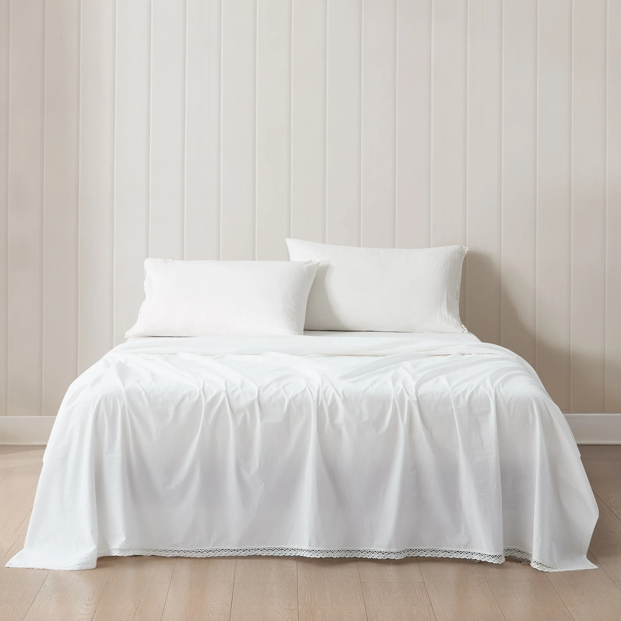 Lush Decor Evelyn Lace Trim White Cotton 4-Piece Sheet Set