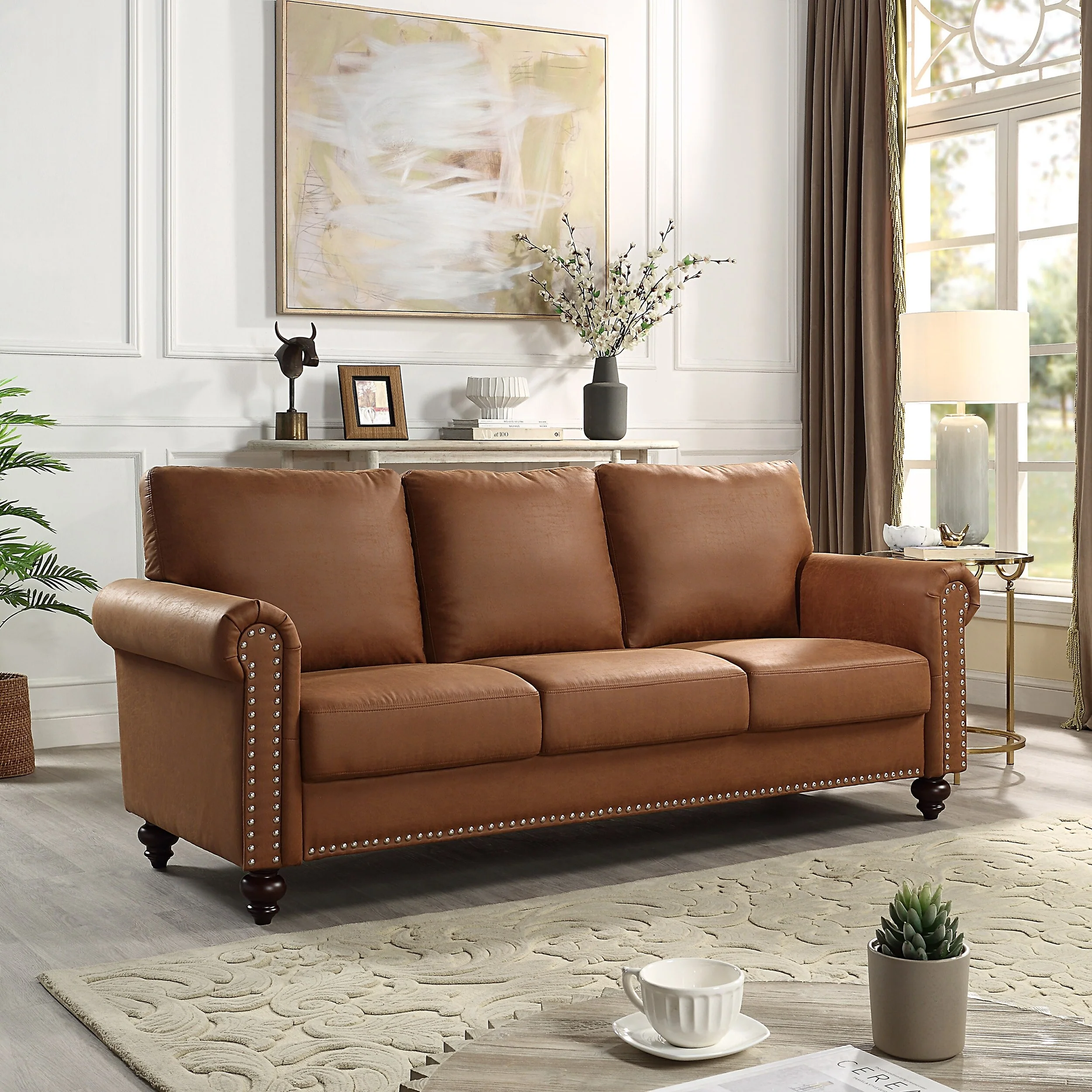 Brown Faux Leather Fabric Upholstery Sofa - 31.50 x 80.31 x 34.25
