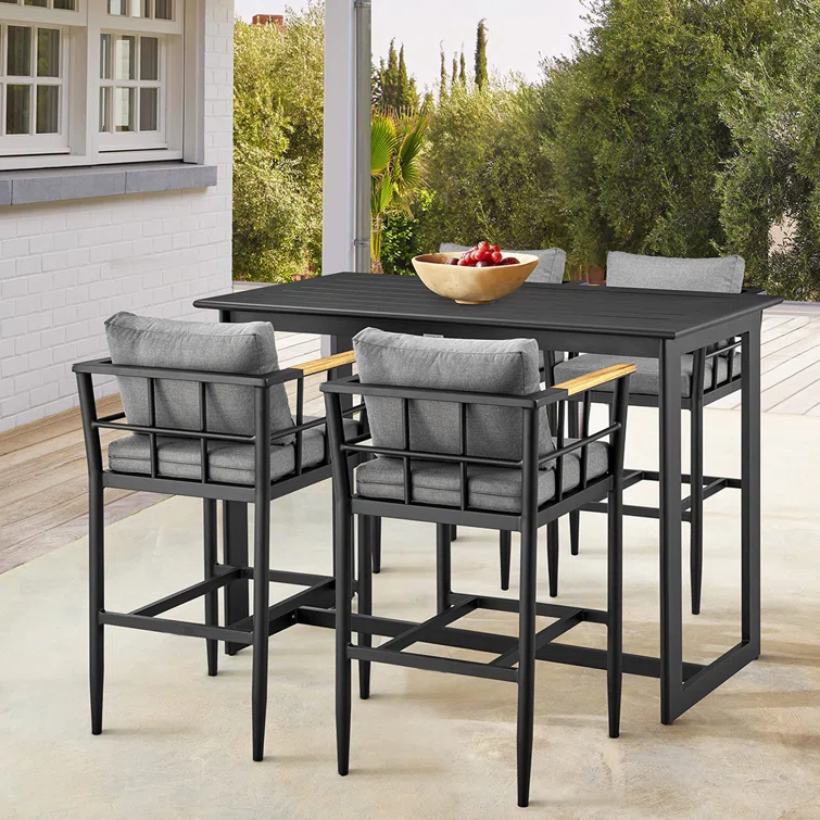 Zakis 5-Piece Outdoor Steel Dining Set with 4 Chairs, Patio Counter-height Bar Set, Cushions