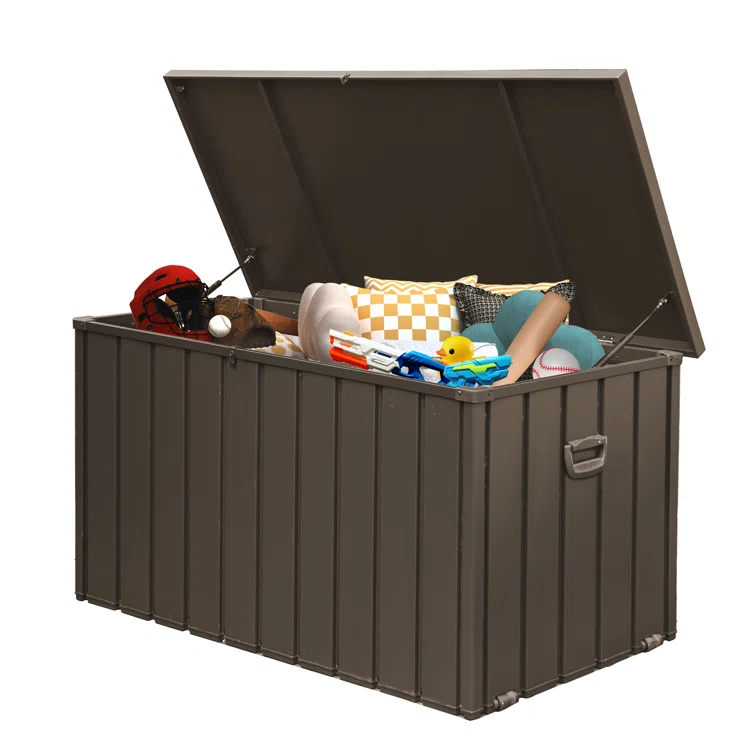 Domi Louvered 49.41'' W 100 Gallons Water Resistant Lockable Deck Box with Wheels in Brown