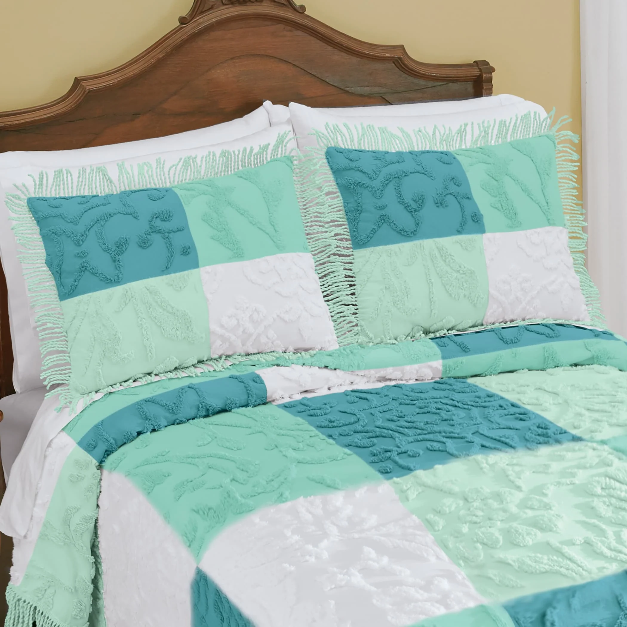 Patchwork Textured Chenille Fringe Trim Pillow Sham