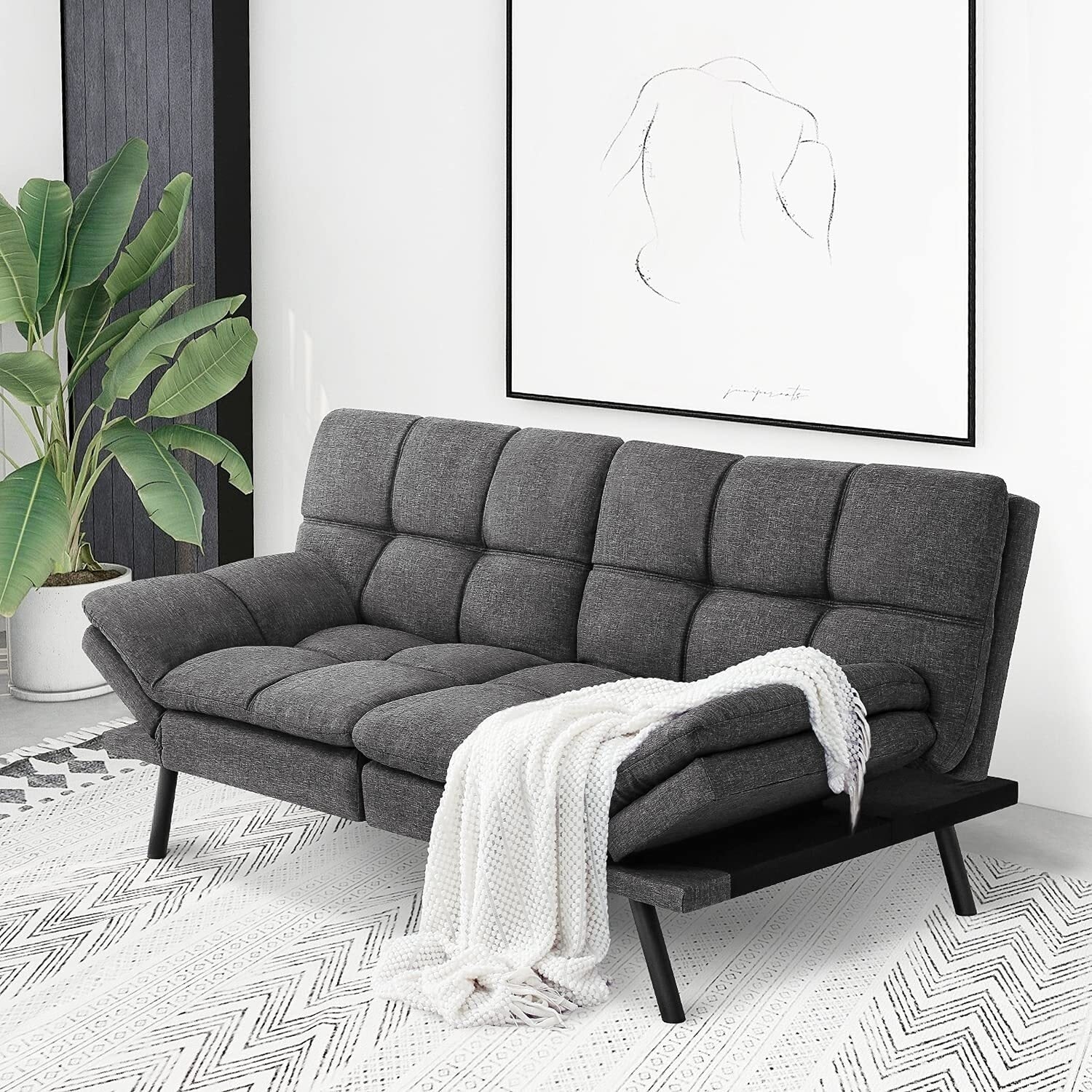 71 in. Dark Grey/Black Linen Fabric Twin Size Memory Foam Convertible Futon Sofa Bed for Living Room