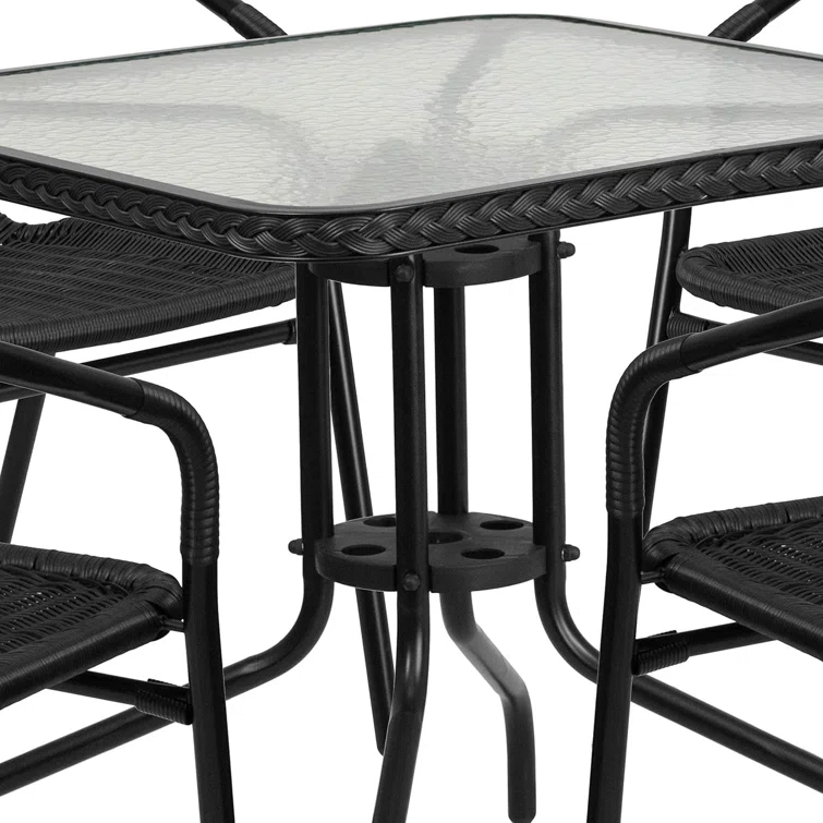 Amlie 28'' Square Glass Metal Table with Rattan Edging and 4 Rattan Stack Chairs
