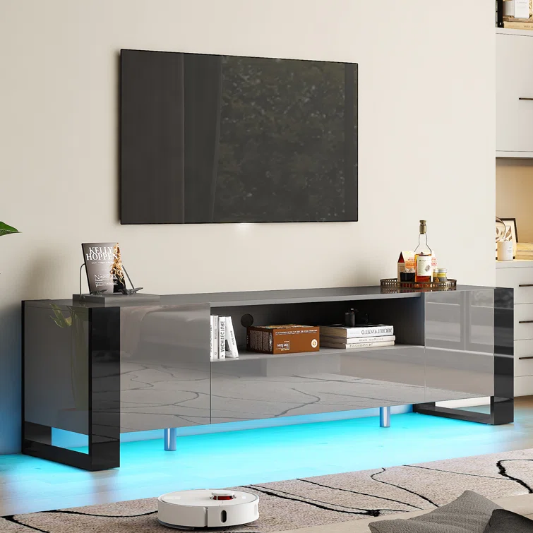 Bhhatu Modern LED TV Stands, 70 Inch TV Console With High Gloss Finish,Entertainment Center With 2 Cabinet Storage Drawer For Living Room, Gaming Room, TV Cabinet For TVs Up To 80