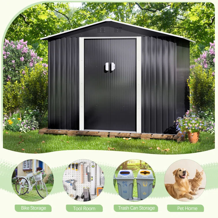 8 ft. W x 8 ft. D Metal Storage Tool Shed Outdoor Storage Shed With Sliding Doors and Vents