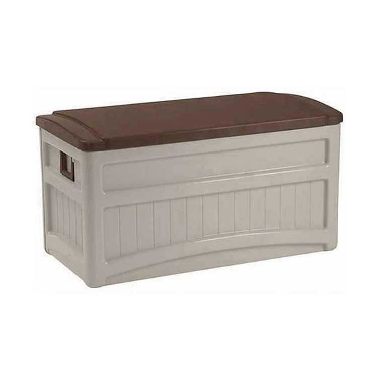 Suncast 78 Gallon Water Resistant Resin Deck Box with Wheels in Light Taupe/Mocha