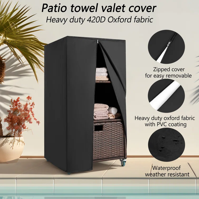 Water Resistant Wicker Towel Valet with Wheels & Cover