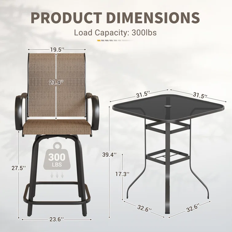 Bhairavi Square 2 - Person Patio Long Bar Height Dining Set