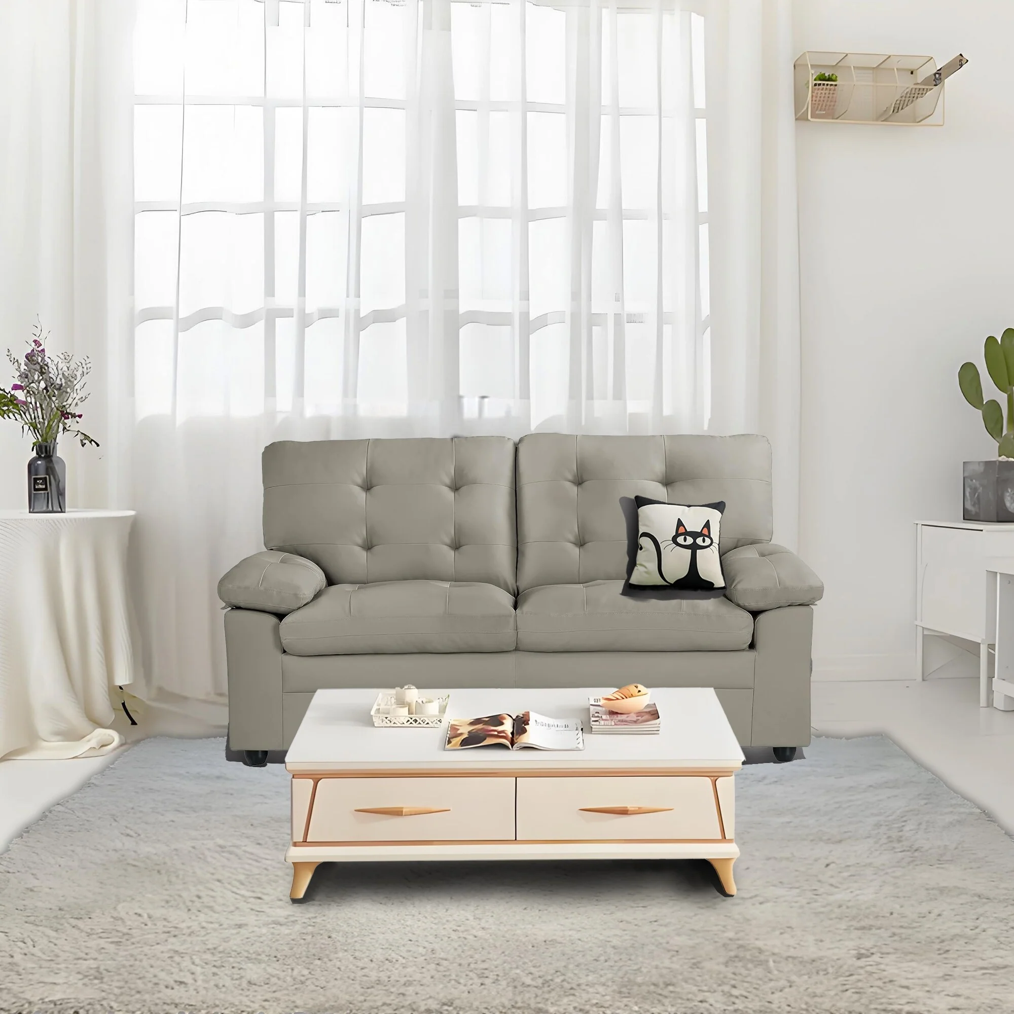 Plush Upholstered Loveseat with Faux Leather, Tufted Back, and Padded Arms - Cozy Seating for Living Room or Family Room.