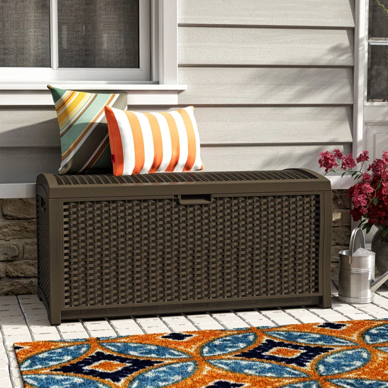 Suncast Wicker 73 Gallon Water Resistant Deck Box in Java