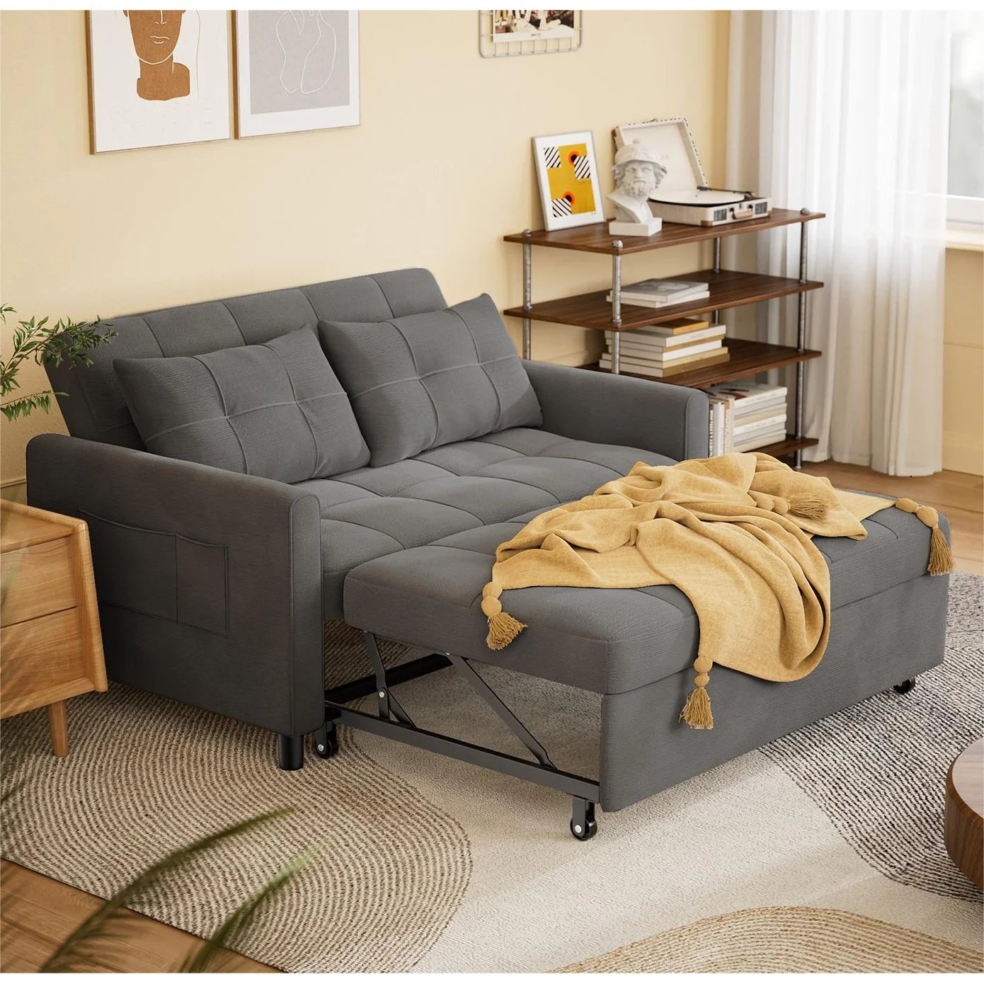 3-in-1 Convertible Sofa Bed Lounger Chaise Loveseat with Pull-up Bed, Velvet / cloth