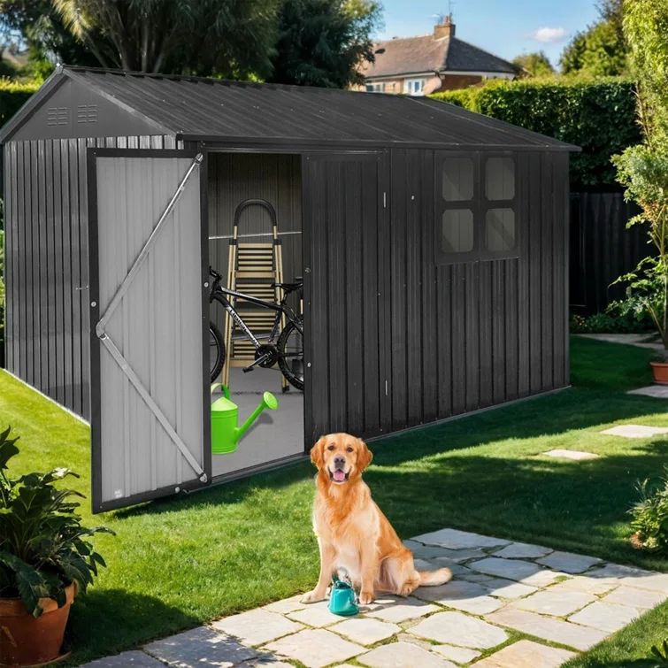 Dark-Grey Metal Garden Shed with Window - Outdoor Storage Facility