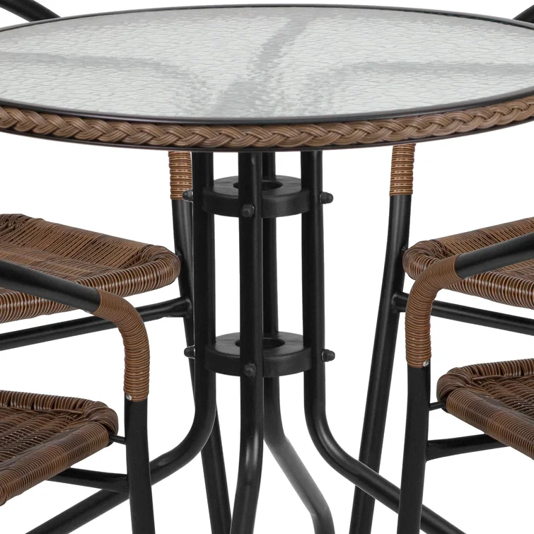 28'' Round Glass Table with Rattan Edging and 4 Rattan Stack Chairs