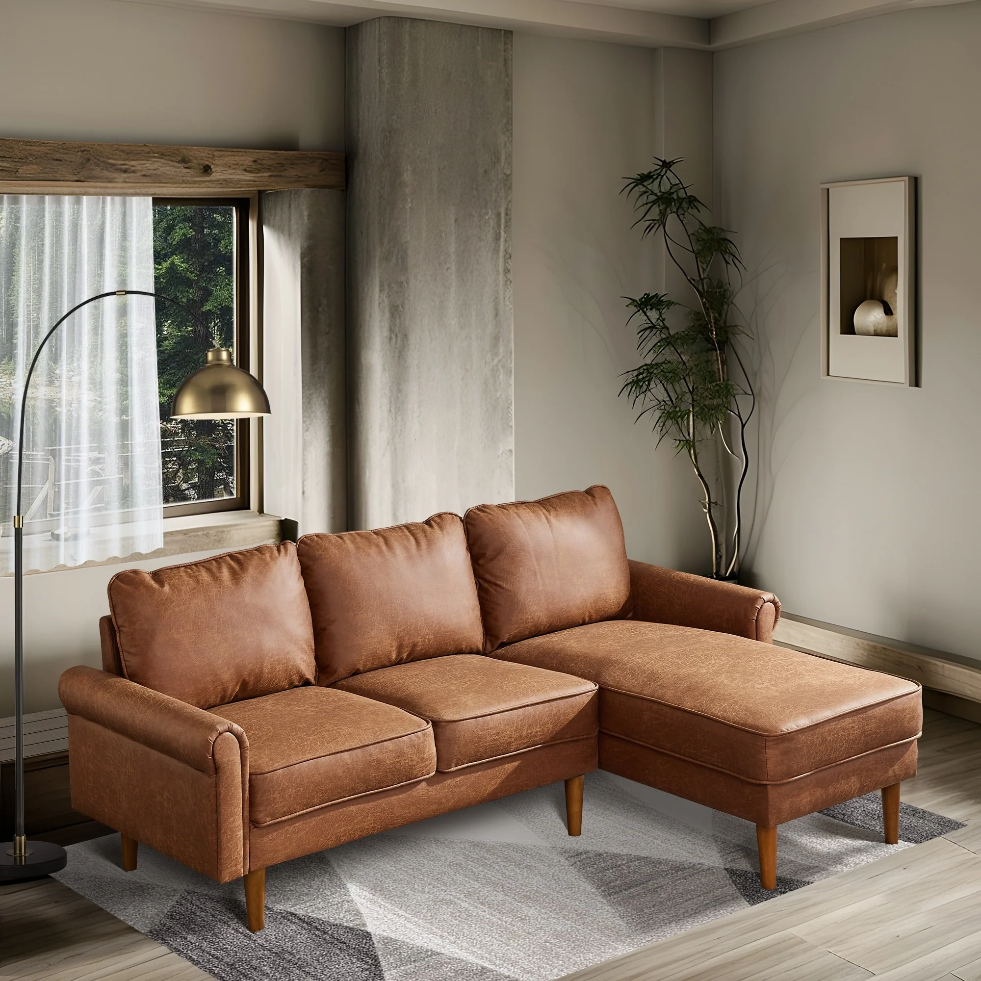 HOOOWOOO Living Room Furniture Mid-Century Suede Sofa with Chaise Lounge