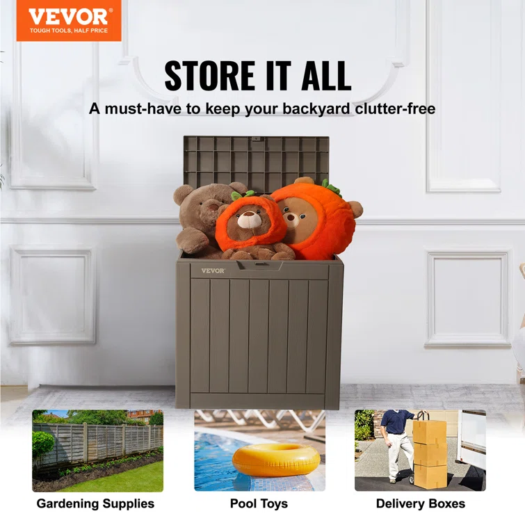 VEVOR 22.1'' W 31 Gallons Water Resistant Polypropylene Lockable Deck Box in Brown