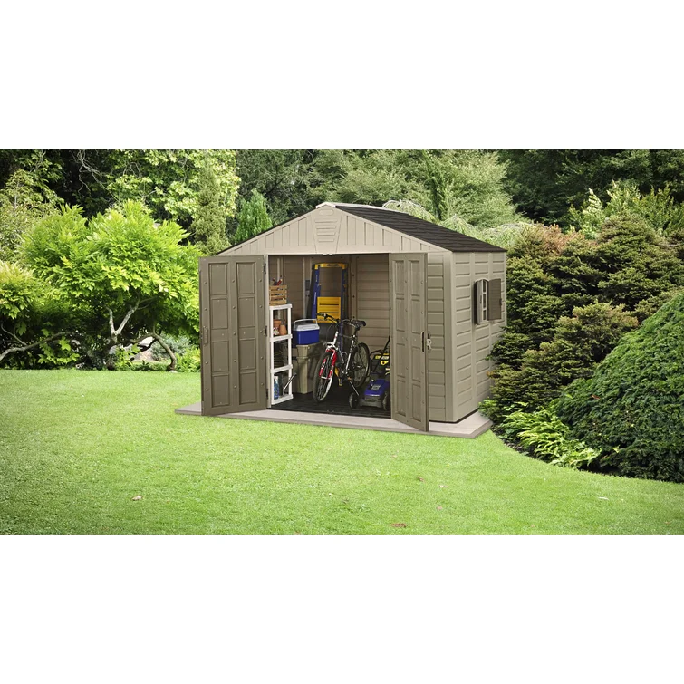Keter Stronghold 10x8 ft. Durable Resin Outdoor Storage Shed With Floor and Double Doors for Garden Patio Furniture and Tools, Brown
