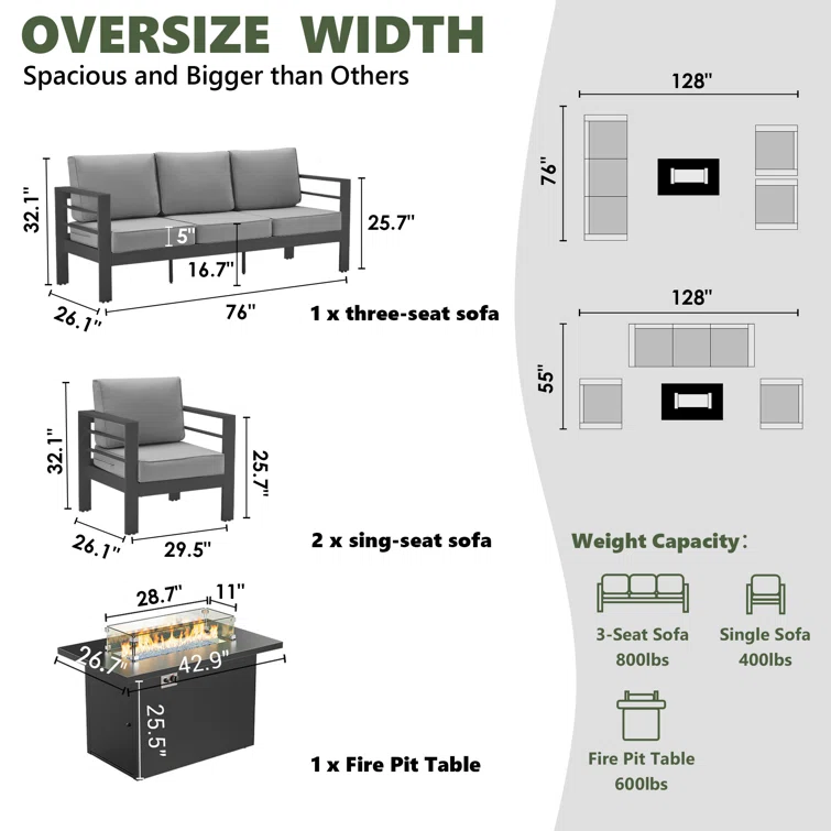 5-Person Sofa Seating Group With Fire Pit Table