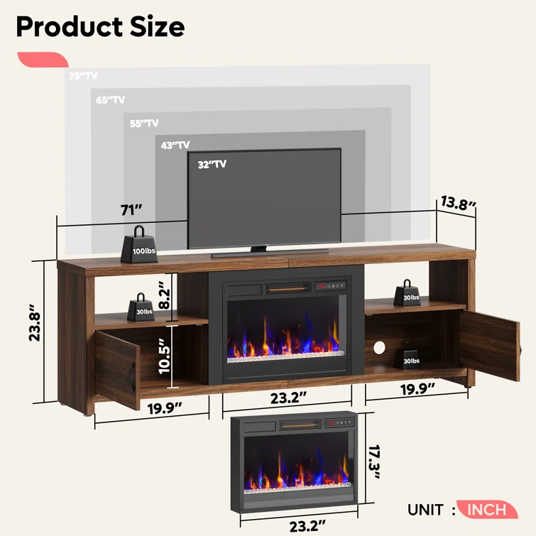 Brahma 70 inch Fireplace TV Stand for TVs up to 75