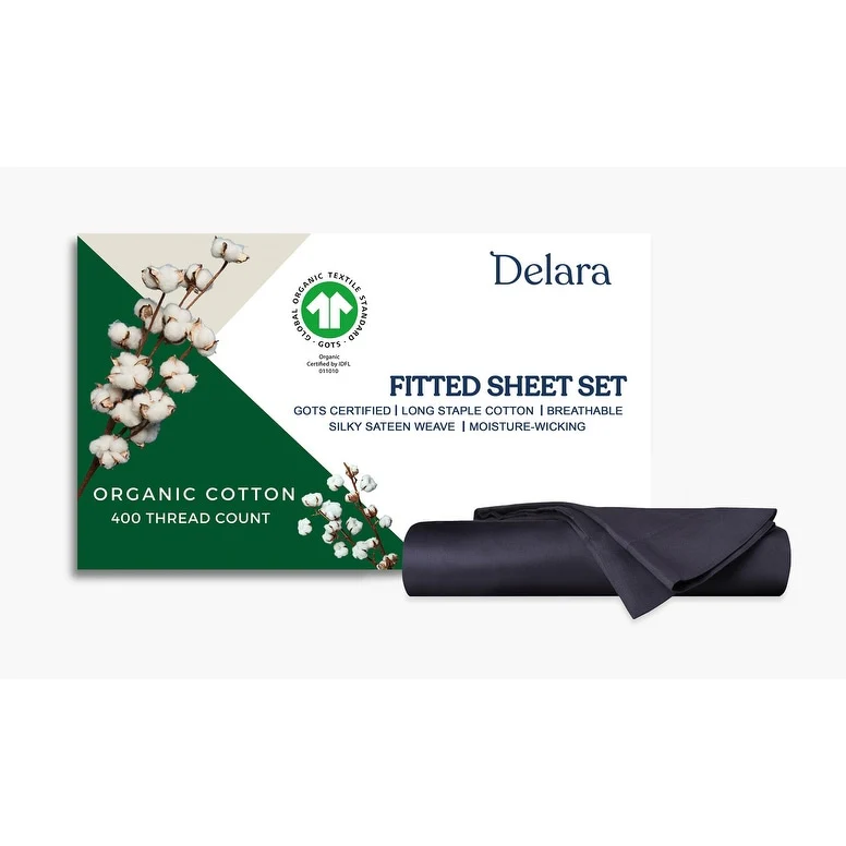 Delara GOTS Certified 100% Organic Cotton Fitted Sheet Set, 400TC Long Staple Cotton, Moisture-Wicking, Smooth & Breathable