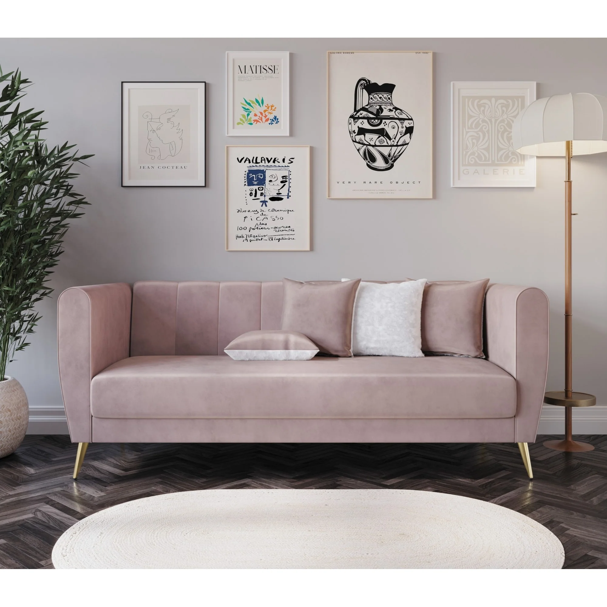 Scarlett Velvet Flared Arm 3-Seater Sofa with 4 Throw Pillow