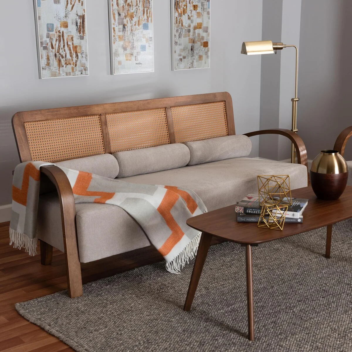 Sage Modern Japandi Light Grey Fabric and Walnut Brown Finished Wood Sofa with Woven Rattan