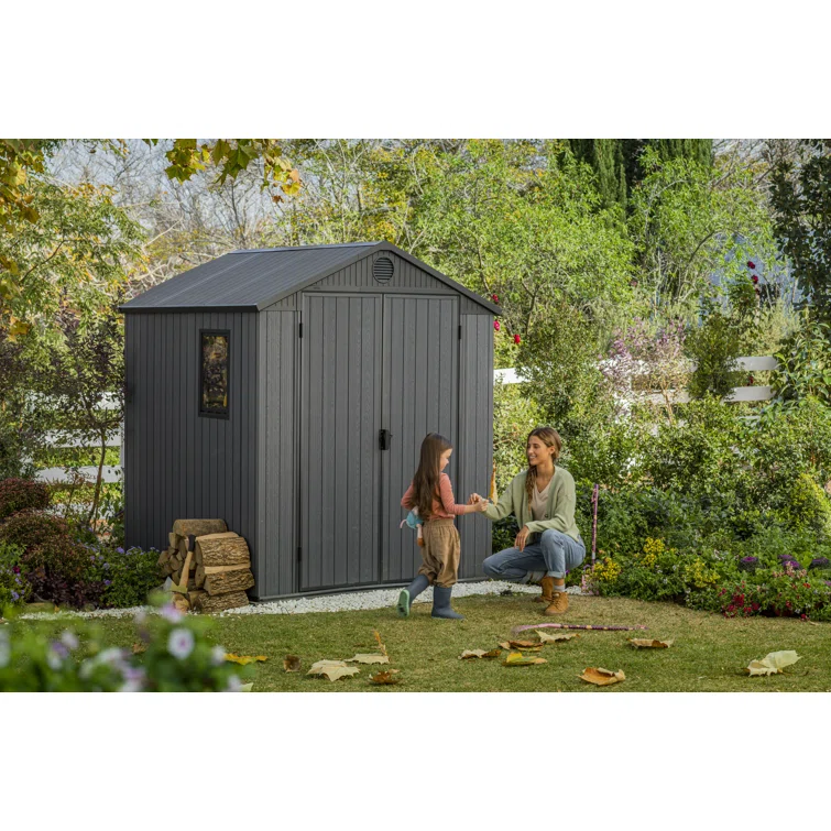 Keter Darwin 6x 8 ft. Durable Resin Outdoor Storage Shed With Floor and Double Doors for Garden Patio Furniture and Tools, Graphite