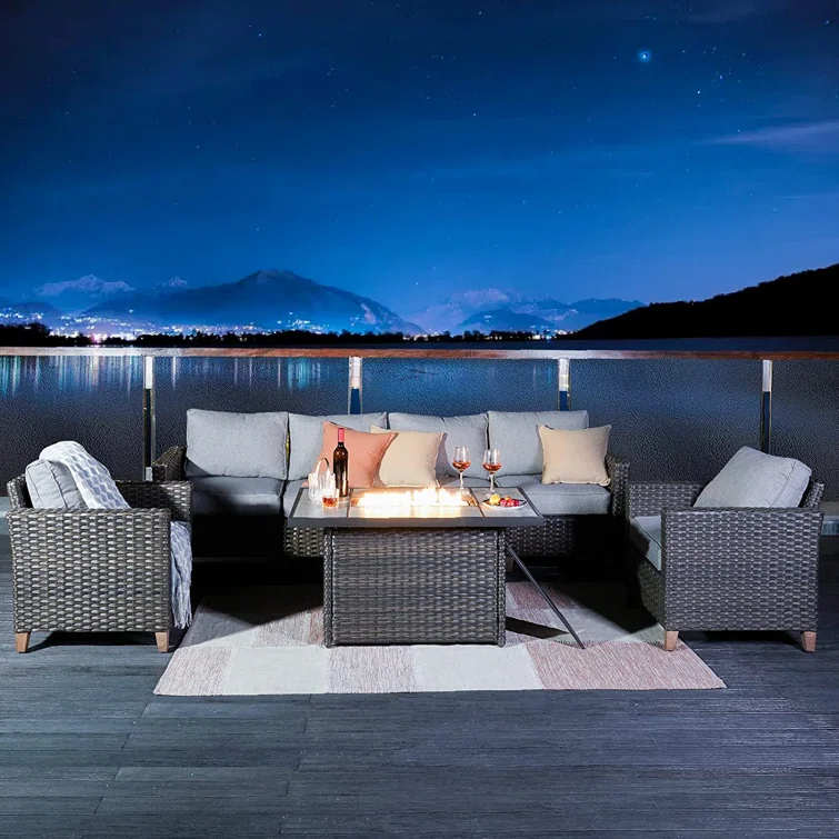 Melbourne 7-Pieces Wicker Sofa Seating Group with Fire Pit Table Conversation Set