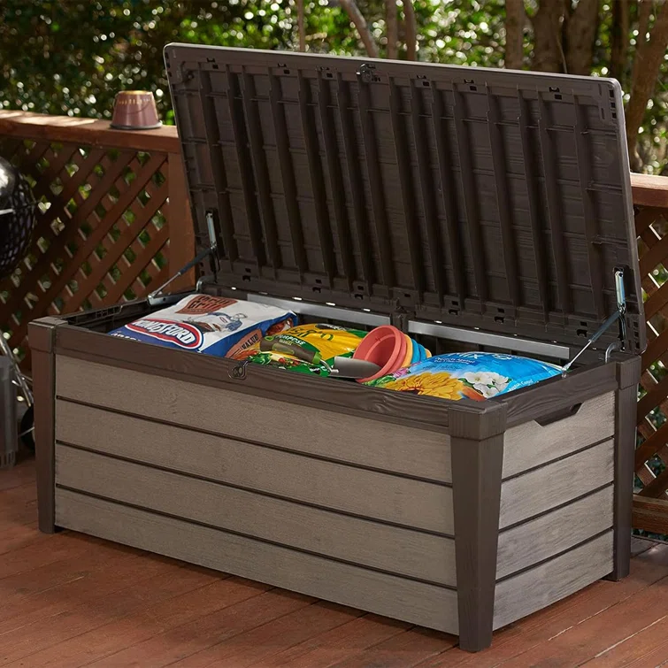 Keter Brushwood 120 Gallon Durable Resin Outdoor Storage Deck Box For Furniture and Supplies, Brown