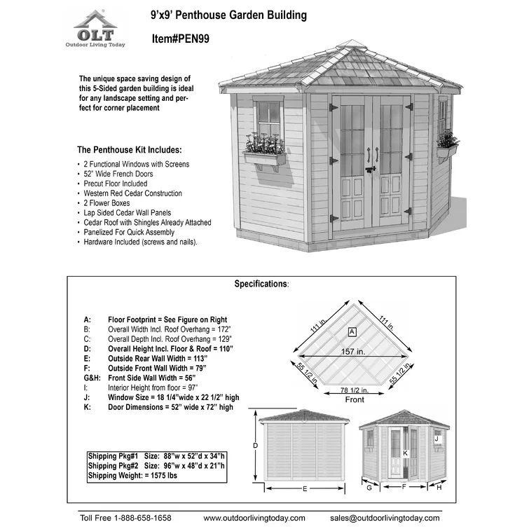 9 ft. W x 9ft. D Penthouse Cedar Wood Garden Shed with French Doors