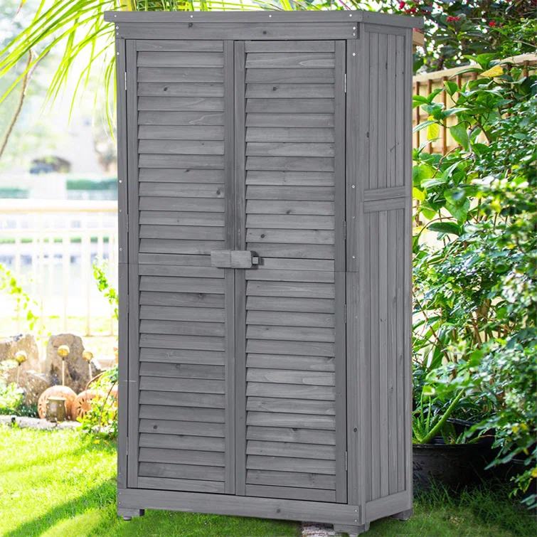 3-Tier Shelves Patio Wooden Garden Shed, Outdoor Storage Cabinet, Tool Shed with Lockable Doors