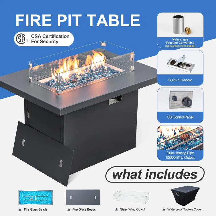 Gillet 7 Piece Patio Outdoor Aluminum Furniture Set with Fire Pit Table 55,000 BTU