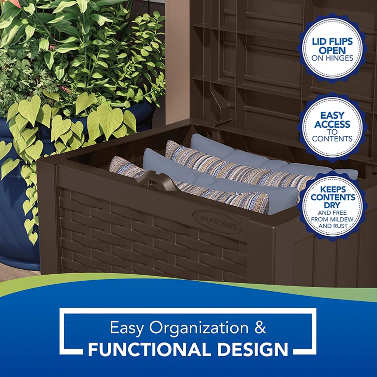 Suncast Wicker 22 Gallon Water Resistant Resin Deck Box in Java