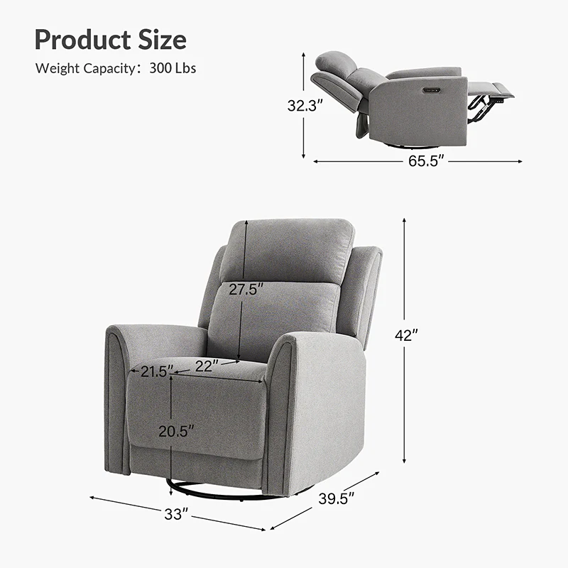 Alois Swivel And Rocker Power Recliner With USB,  Adjustable Headrest and One-Touch Reset