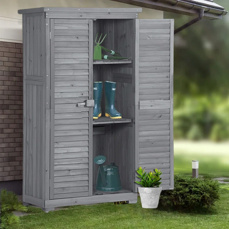 3-Tier Shelves Patio Wooden Garden Shed, Outdoor Storage Cabinet, Tool Shed with Lockable Doors