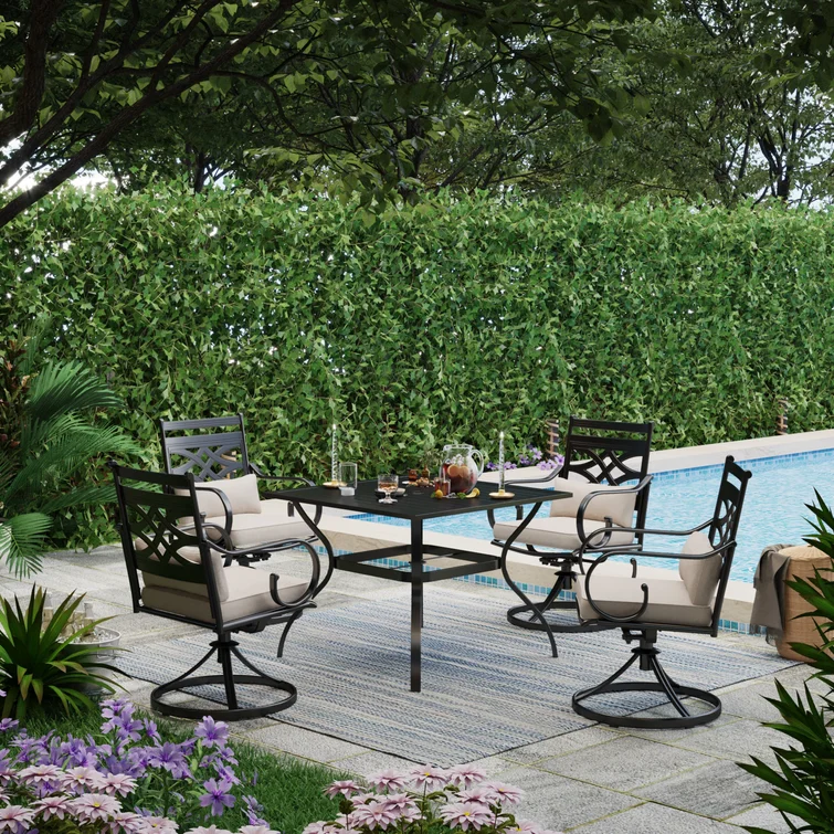 Alyah 4 - Person Rectangular Outdoor Dining Set with Swivel Dining Chairs, Cushions & Pillows