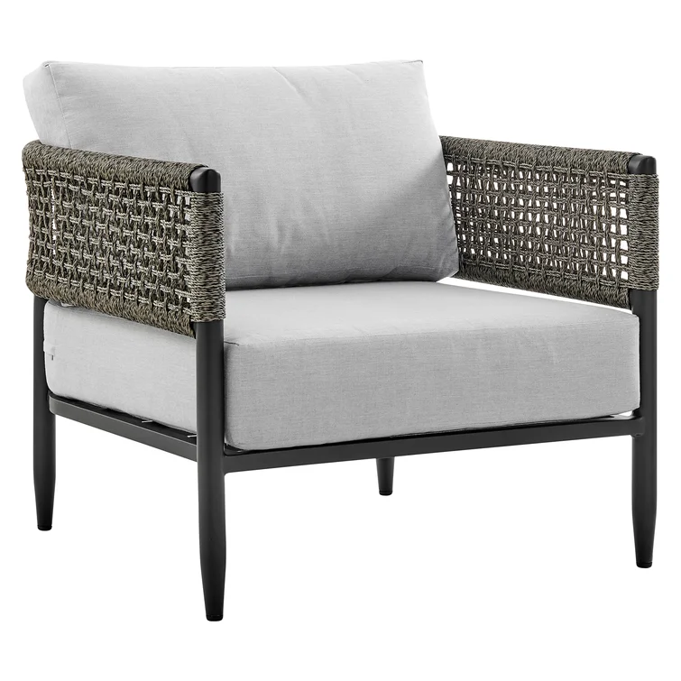 Scotia 4 Piece Outdoor Conversation Set in Black Aluminum and Rope with Light Gray Fabric Cushions