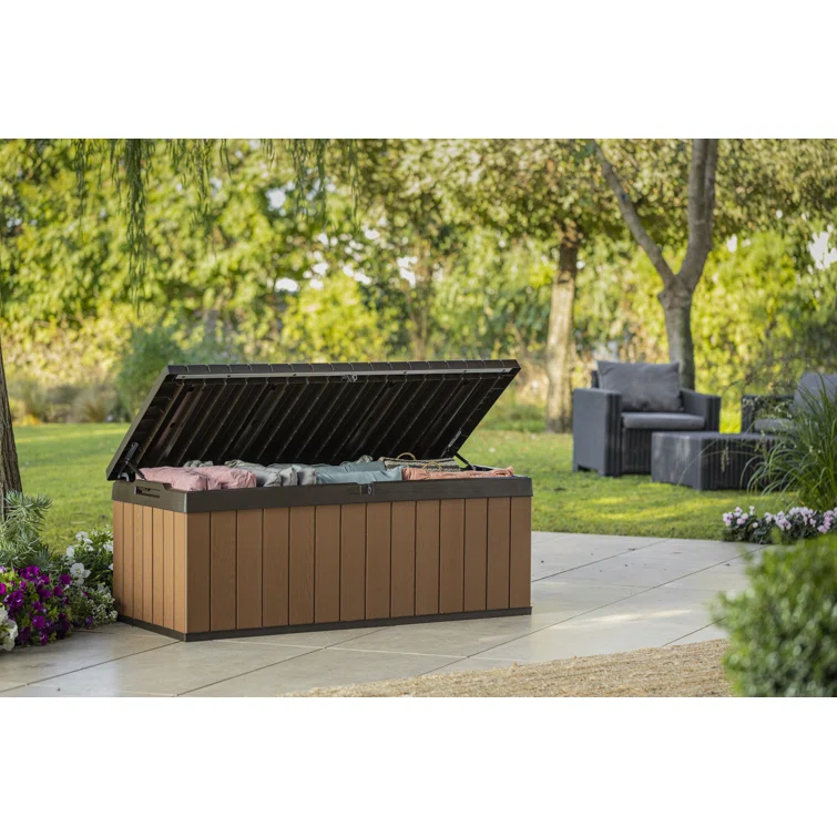 Keter Darwin 100 Gallon Durable Resin Outdoor Storage and Organization Deck Box Ideal For Garden Patio Furniture and Supplies, Brown