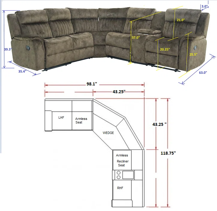 Adeodato 5 - Piece Velvet Reclining Sectional