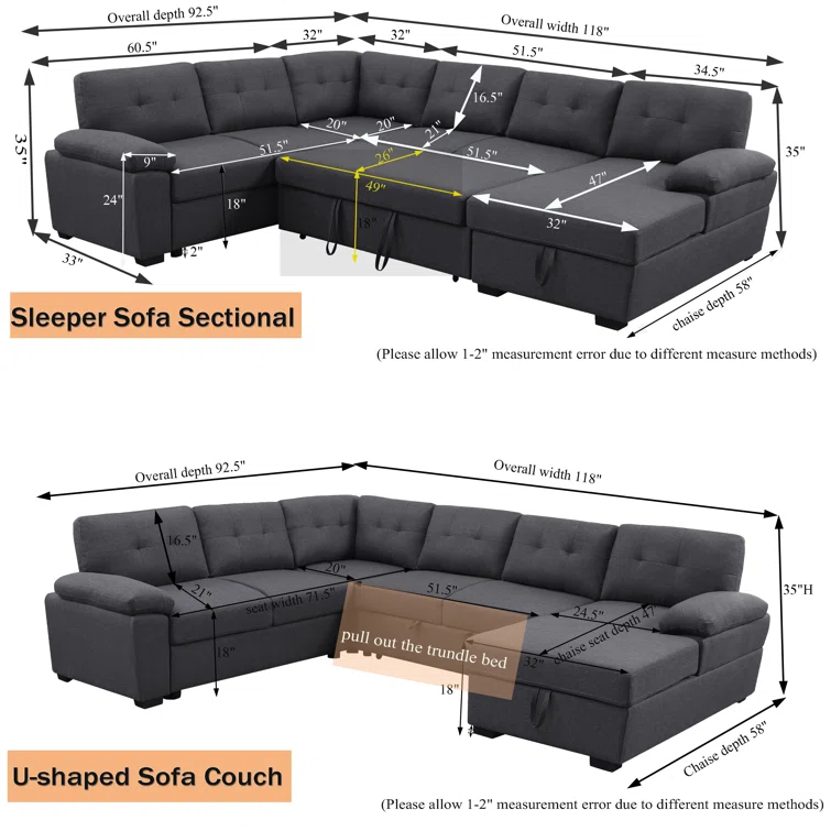 Upholstered Sectional Sleeper Sofa & Chaise