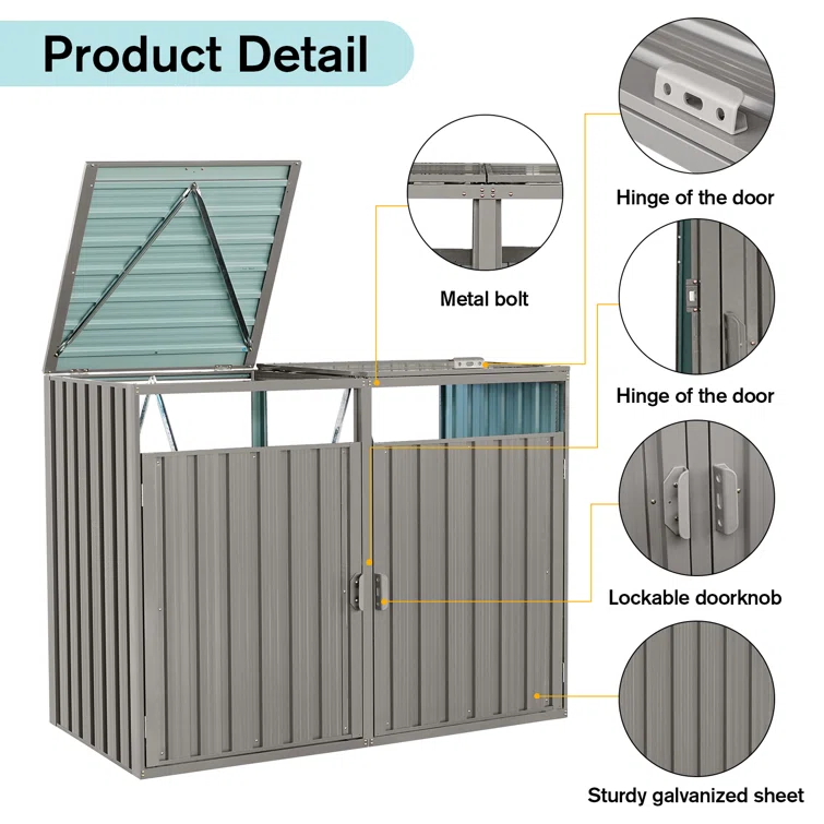 Outdoor Trash Can Storage, Storage Shed For 2 Trash Cans And Tools,Waterproof Garbage Bin Shed