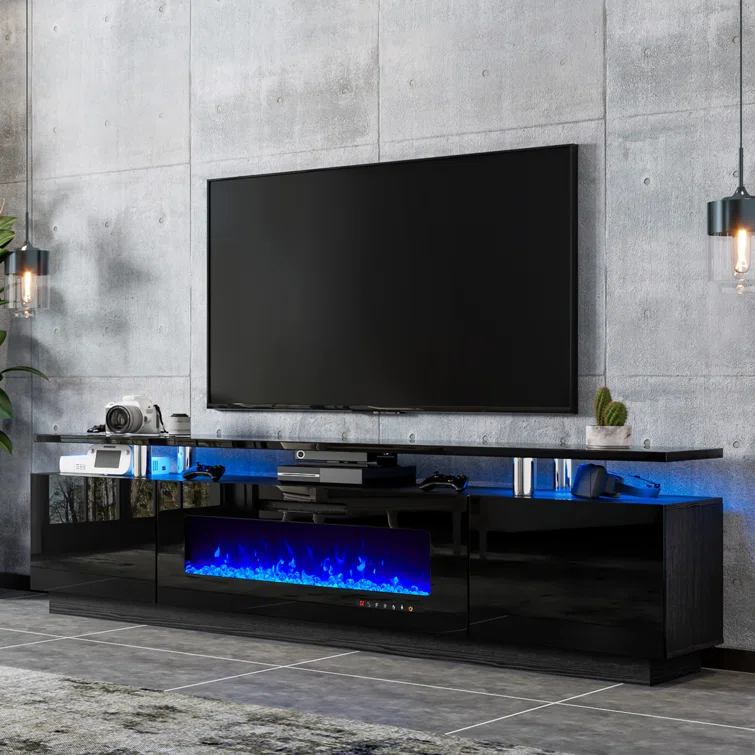Emyrson High Gloss TV Stand for TVs, Electric Fireplace Included, with 2 Tier TV Console Cabinet