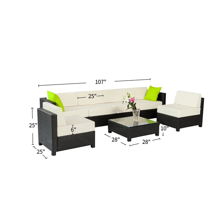 Lelusa 7 Piece Patio Wicker Outdoor Sectional Seating Group with Cushions Glass Coffee Table