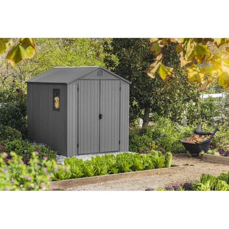 Keter Darwin 6x 8 ft. Durable Resin Outdoor Storage Shed With Floor and Double Doors for Garden Patio Furniture and Tools, Graphite