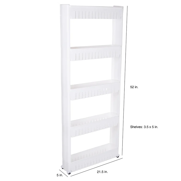 Newcastle 5-Tier Pantry Storage Rack - White Slide-Out Rolling Cart With Baskets for Narrow Spaces