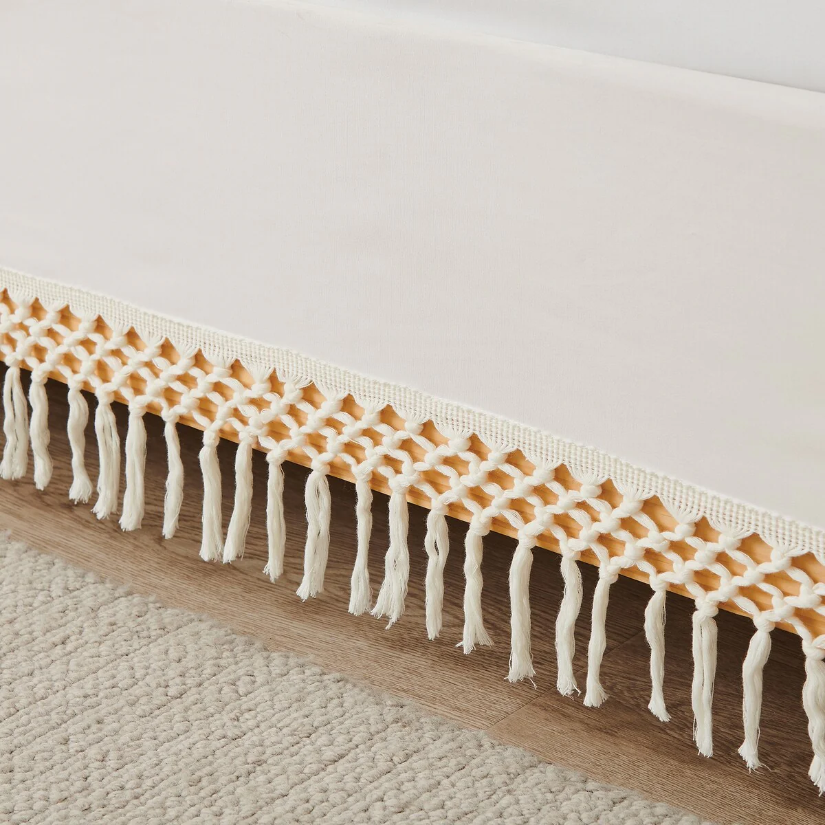 Sweet Jojo Designs Ivory Bohemian Boho Chic Queen Bed Skirt Farmhouse Minimalist Knotted Macrame Tufted Tassel Fringe Cotton