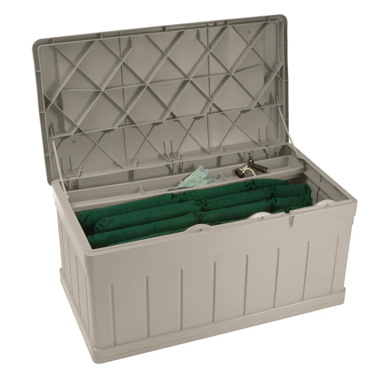 Suncast 129 Gallon Water Resistant Resin Deck Box with Storage Seat in Light Taupe