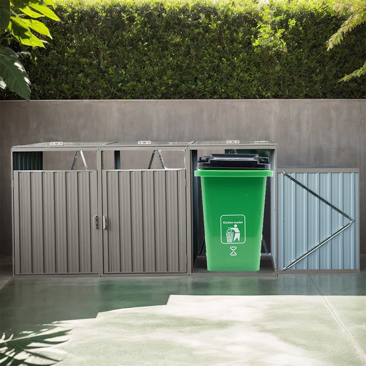 7.8' W Outdoor Trash Can Storage, Storage Shed For 3 Trash Cans Tools, Waterproof Garbage Bin Shed