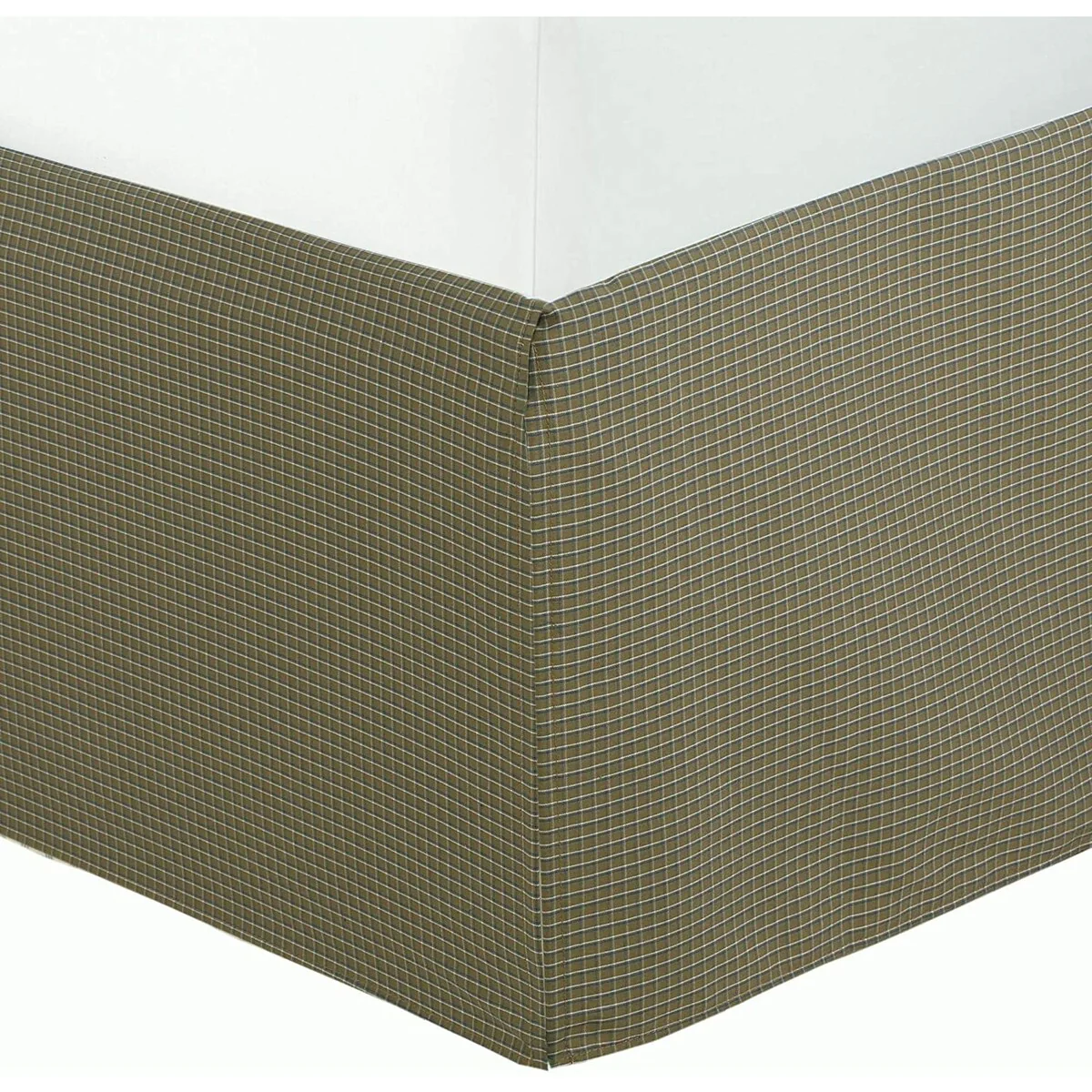 Olive Green Check Pattern Bed Skirt Cotton Yarn Dyed Pleated Dust Ruffle with Split Corners Tailored 16